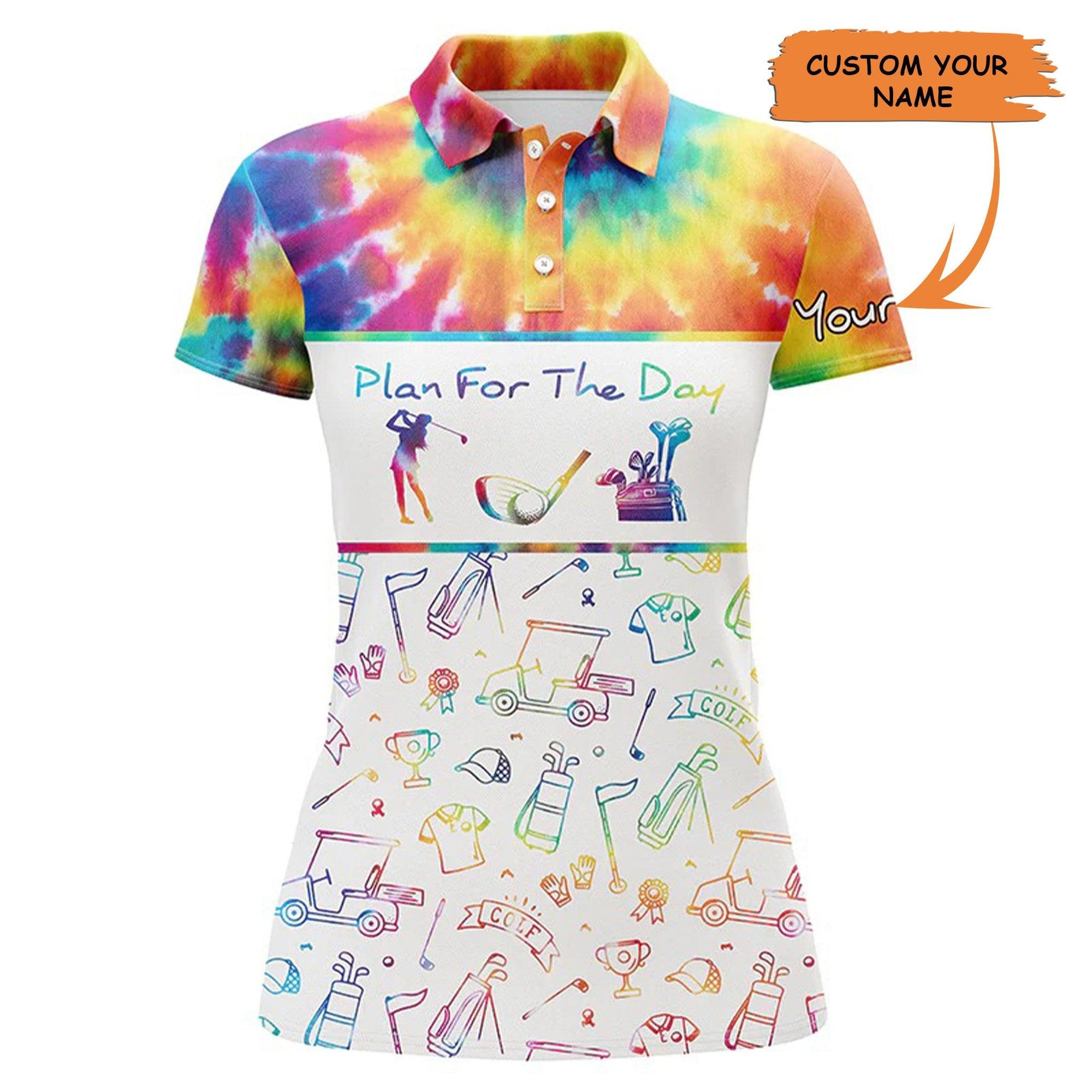 Customized Name Golf Women Polo Shirts, Tie Dye Pattern Personalized Plan For The Day Golf Icons - Perfect Gift For Golfers, Golf Lovers - Amzanimalsgift