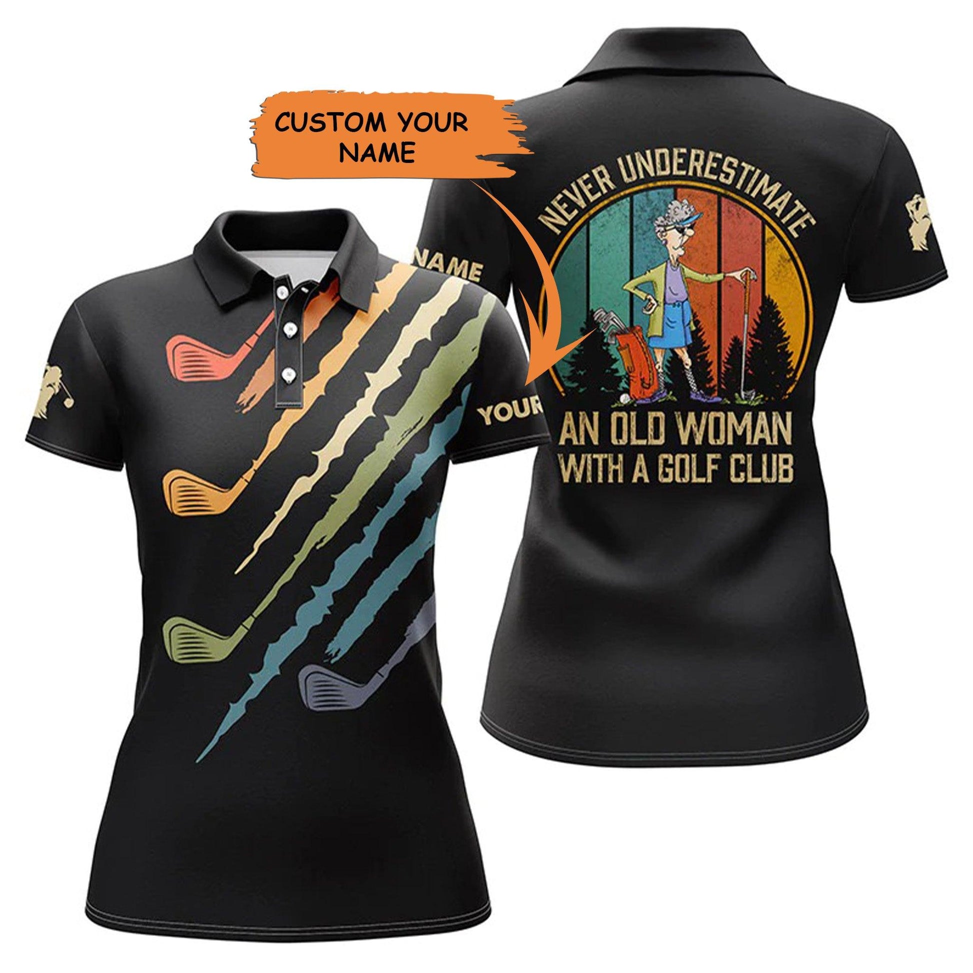 Customized Name Golf Women Polo Shirts, Vintage Black Personalized An Old Woman With A Golf Club Polo Shirts - Perfect Gift For Golfers, Golf Lovers - Amzanimalsgift