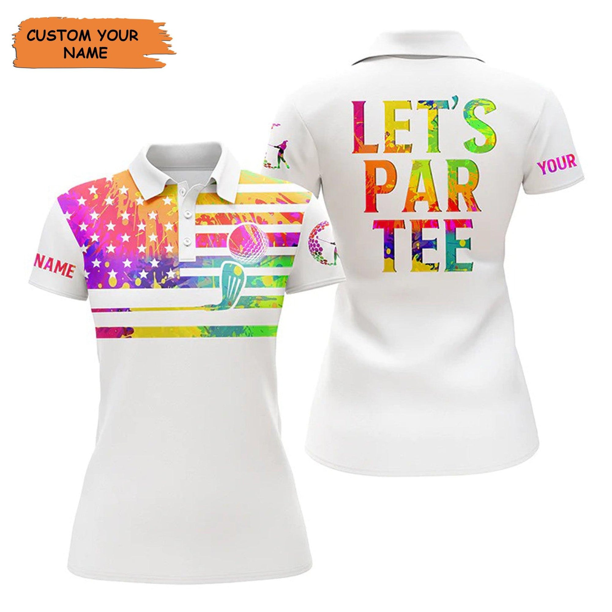 Customized Name Golf Women Polo Shirts, Watercolor American Flag Personalized Let’s Par Tee White Shirt - Perfect Gift For Ladies, Golf Lovers, Golfer - Amzanimalsgift