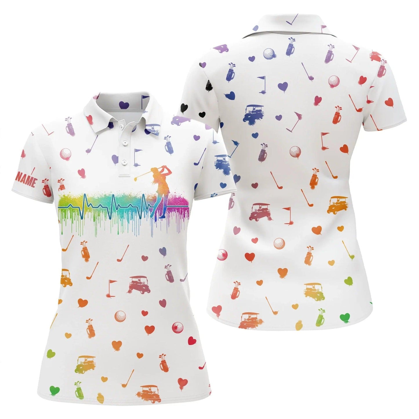 Customized Name Golf Women Polo Shirts, Watercolor Golf Heartbeat Icons Personalized White Golf Shirts - Perfect Gift For Ladies, Golfers, Golf Lovers - Amzanimalsgift