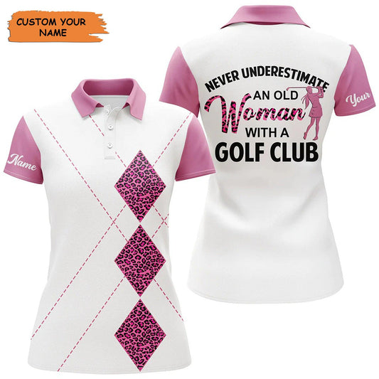 Customized Name Golf Women Polo Shirts, White Pink Leopard Personalized An Old Women With Golf Club - Perfect Gift For Ladies, Golfers, Golf Lovers - Amzanimalsgift