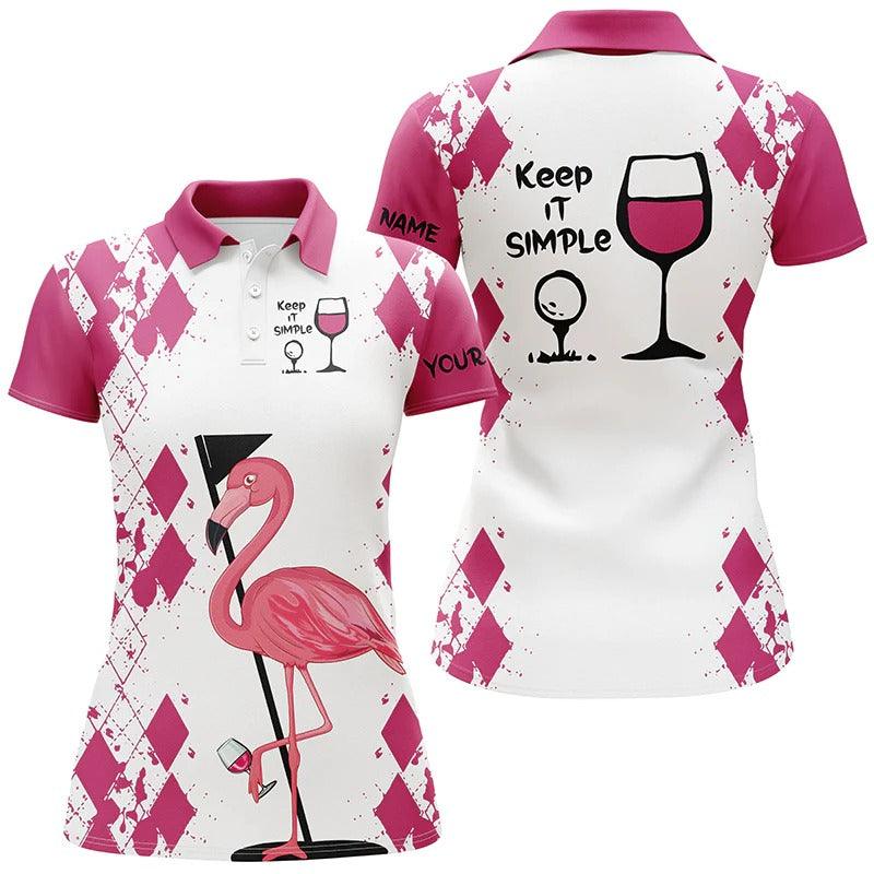 Customized Name Golf Women Polo Shirts, White Pink Personalized Flamingo Keep It Simple Golf & Wine - Perfect Gift For Ladies, Golfers, Golf Lovers - Amzanimalsgift