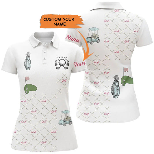 Customized Name Golf Women Polo Shirts, White Polo Shirts Personalized Golf Clubs Pattern Golf Shirts - Perfect Gift For Ladies, Golfers, Golf Lovers - Amzanimalsgift