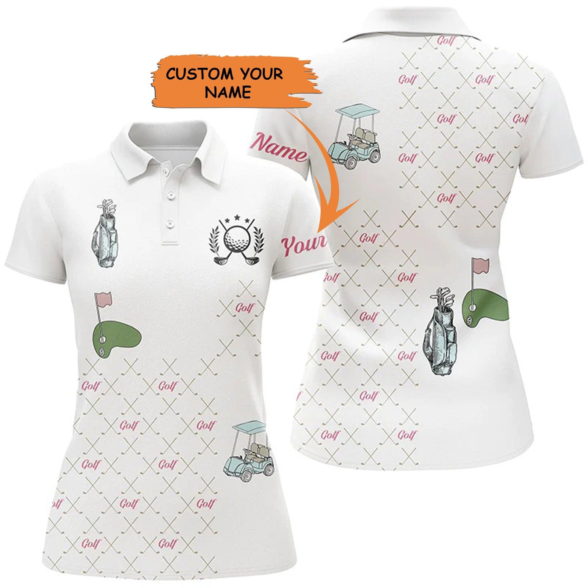 Customized Name Golf Women Polo Shirts, White Polo Shirts Personalized Golf Clubs Pattern Golf Shirts - Perfect Gift For Ladies, Golfers, Golf Lovers - Amzanimalsgift