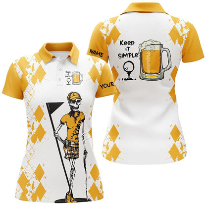 Customized Name Golf Women Polo Shirts, White Yellow Shirts Personalized Skeleton Keep It Simple Golf & Beer - Perfect Gift For Golfers, Golf Lovers - Amzanimalsgift