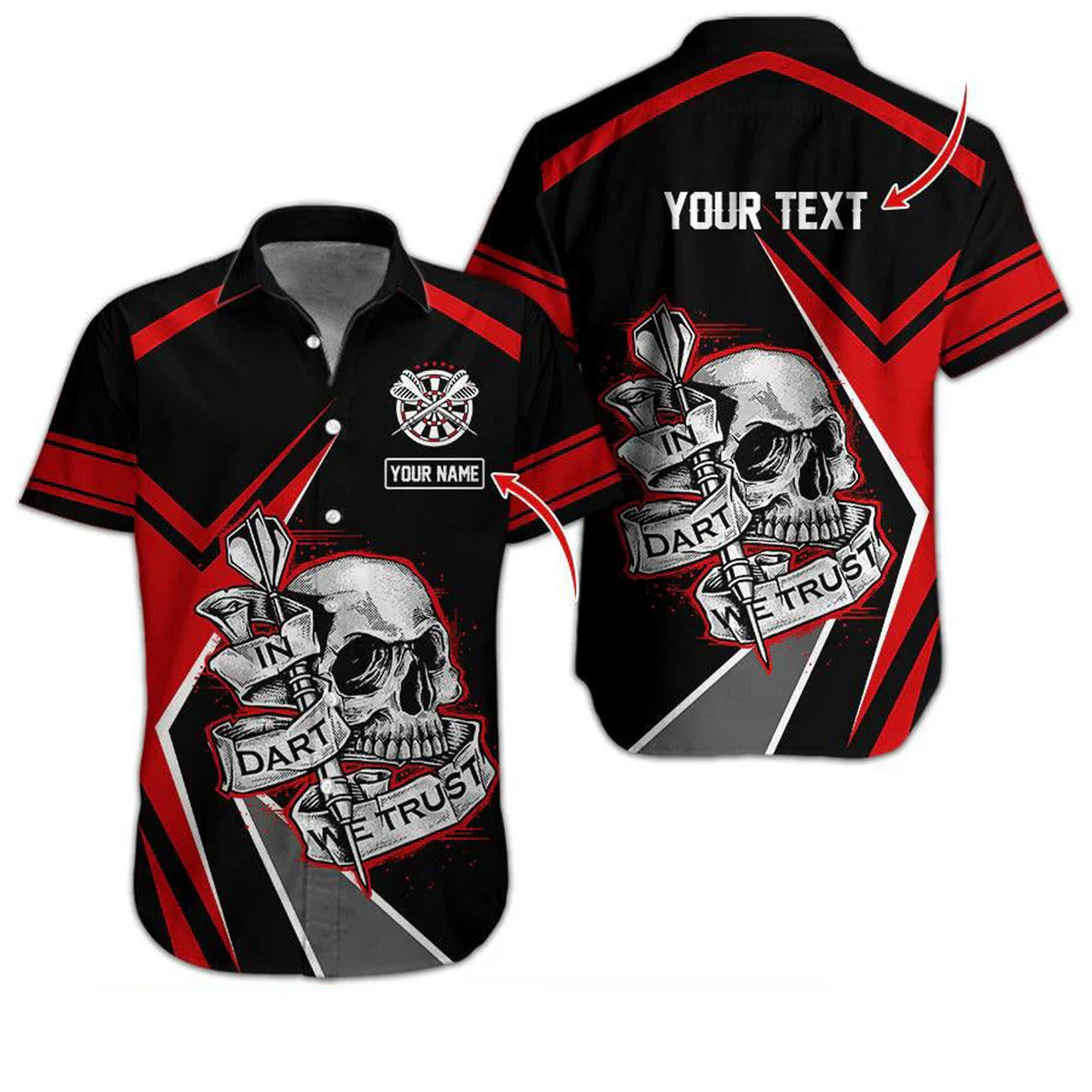 Personalized Darts Hawaiian Shirt, Skull In Dart We Trust Darts Hawaiian Shirts, Gift For Darts Lovers, Darts Players Uniforms
