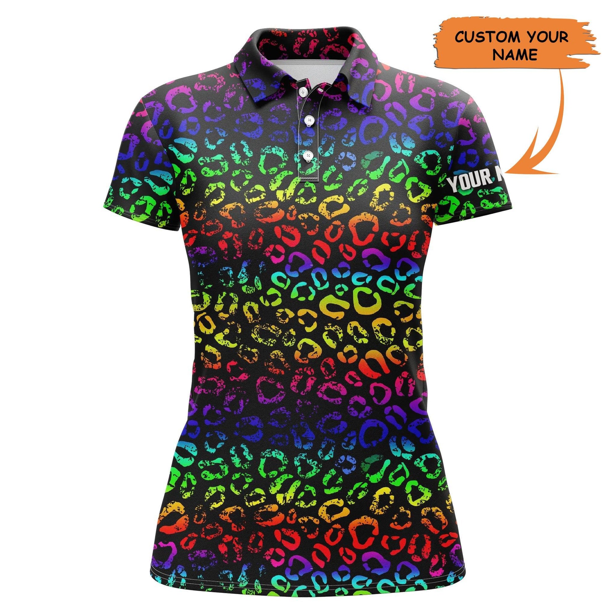 Customized Name Women Polo Shirts, Personalized Colorful Neon Rainbow Leopard Polo Shirts - Perfect Gift For Ladies, Women - Amzanimalsgift