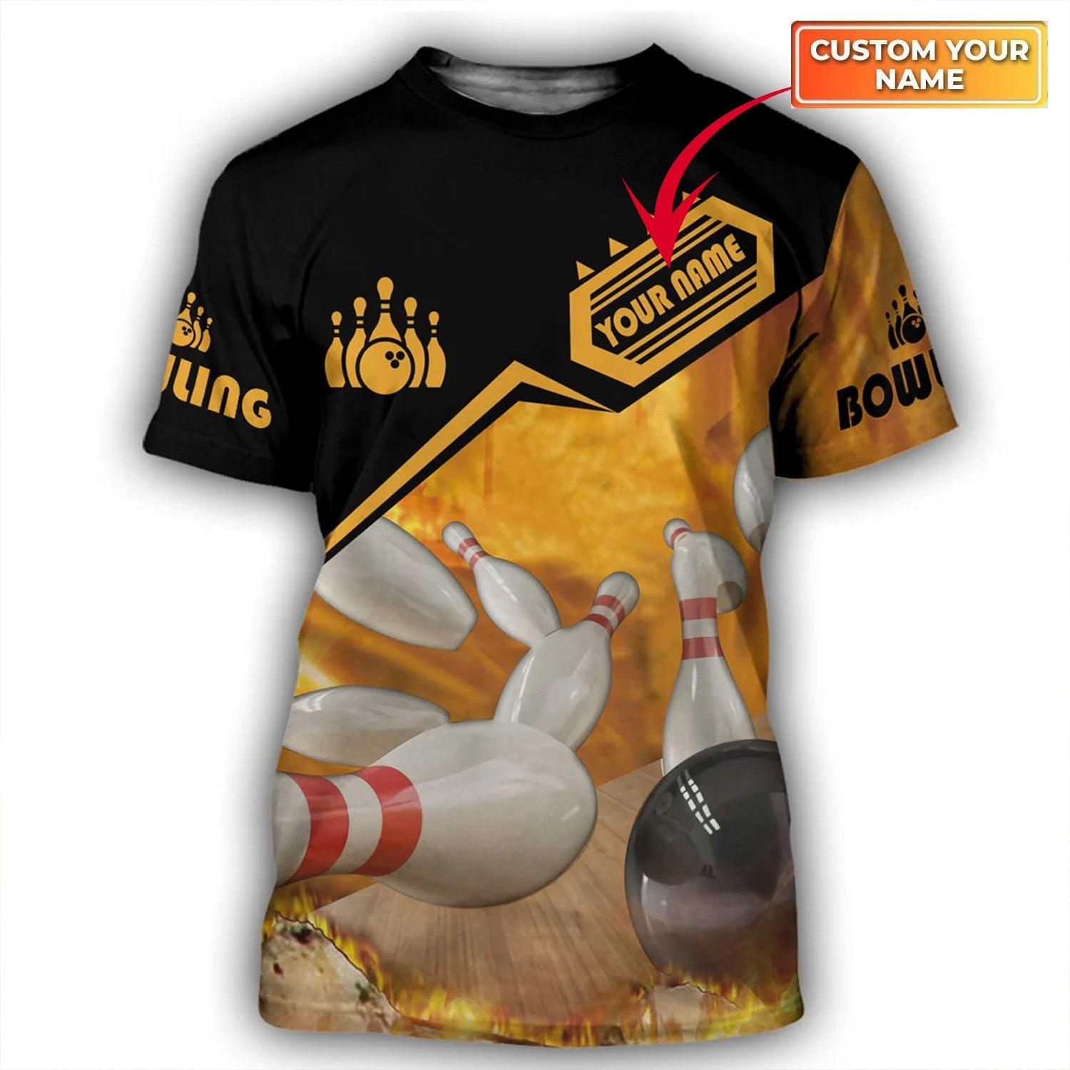 Customized Name Yellow Fire Bowling T Shirt, Personalized Bowling Shirt For Men - Perfect Gift For Bowling Lovers, Bowling Team - Amzanimalsgift