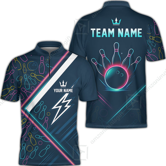 Customized Neon Glow Bowling Jersey, Lightning Bolt And Crown Quarter-zip Stand Collar Shirt For Bowling Team, Bowlers