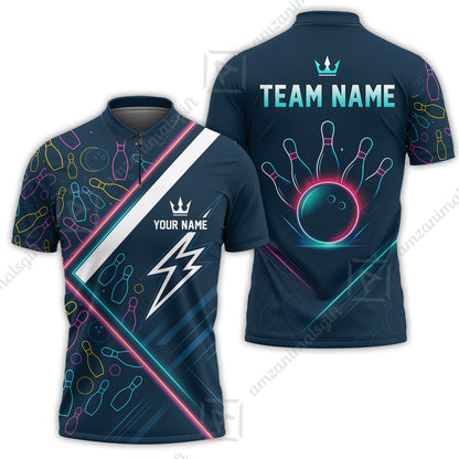Customized Neon Glow Bowling Quarter-Zip Polo Shirt, Lightning Bolt And Crown Zip Polo Shirt For Bowling Team, Bowlers