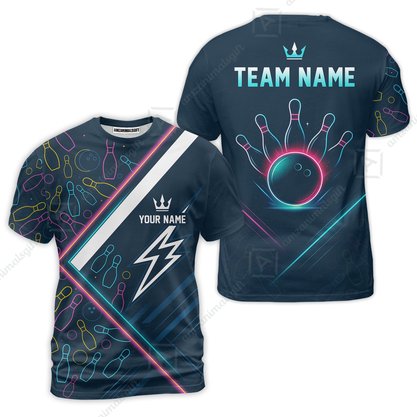 Customized Neon Glow Bowling T-Shirt, Lightning Bolt And Crown T-Shirt For Bowling Team, Bowlers