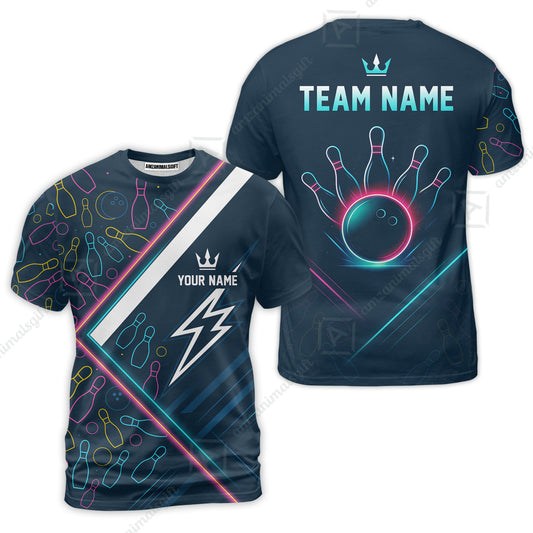 Customized Neon Glow Bowling T-Shirt, Lightning Bolt And Crown T-Shirt For Bowling Team, Bowlers