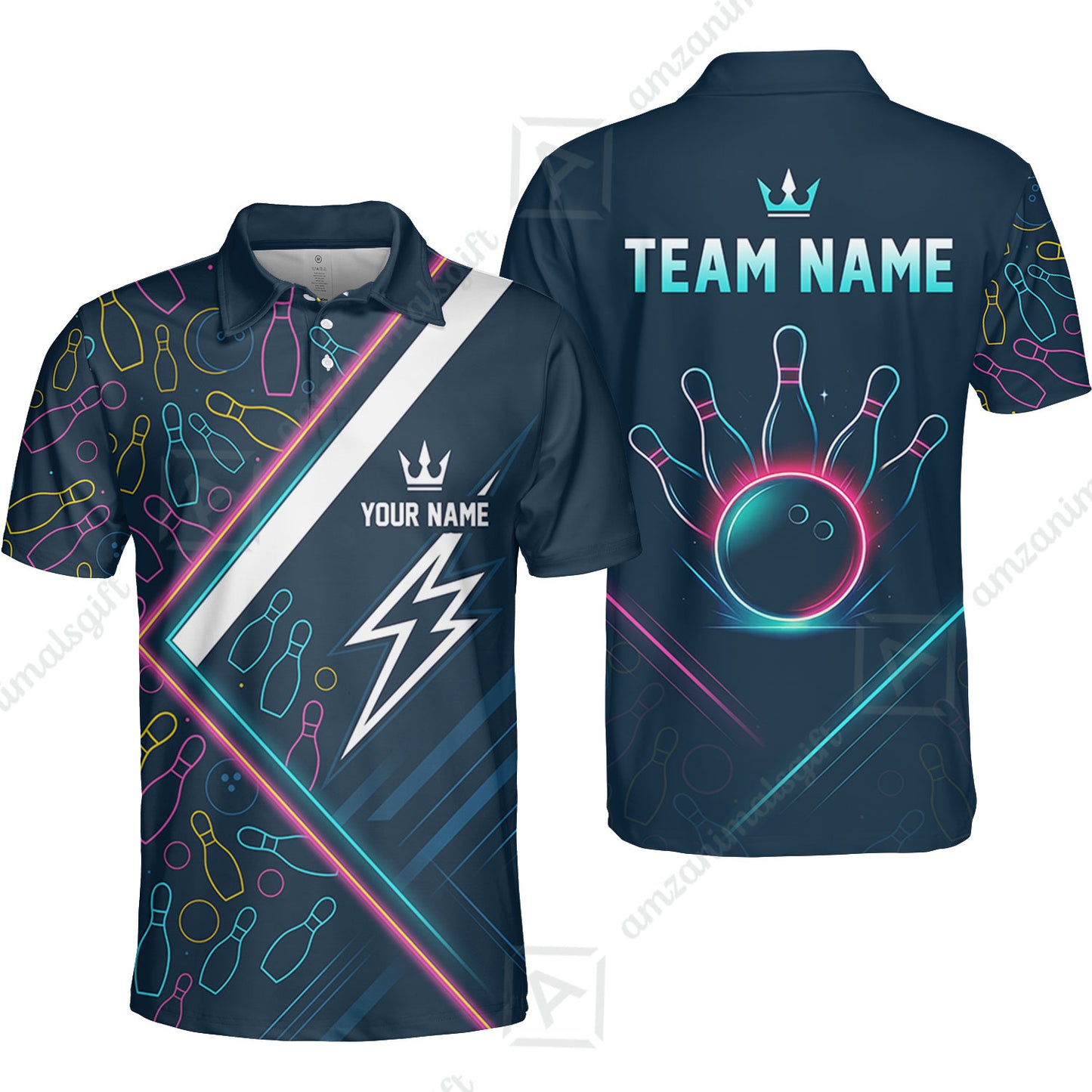 Customized Neon Glow Bowling Unisex Polo Shirt, Lightning Bolt And Crown Polo Shirt For Bowling Team, Bowlers