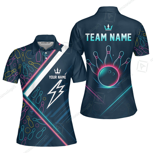 Customized Neon Glow Bowling Women Polo Shirt, Lightning Bolt And Crown Women Polo Shirt For Bowling Team, Bowlers