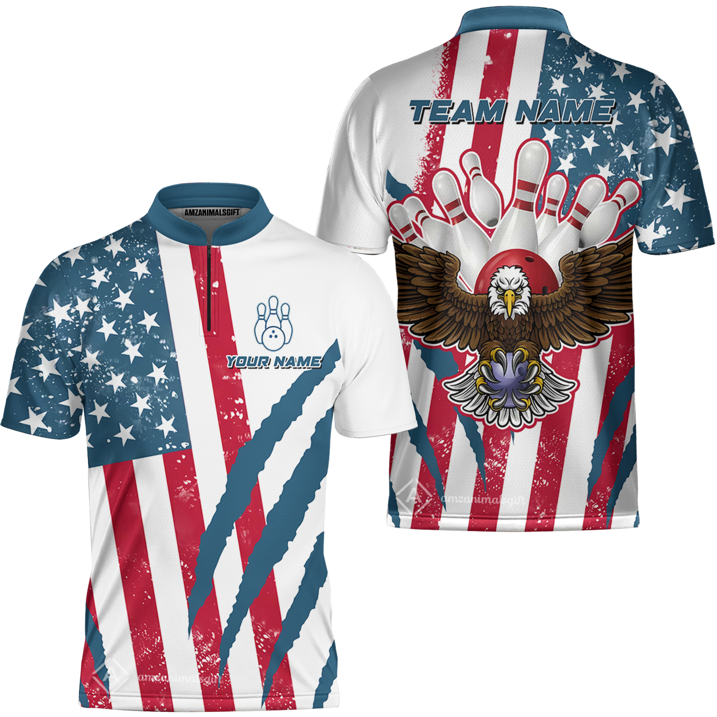 Customized Patriotic Bowling Jersey, American Flag & Eagle Claw-mark Quarter-Zip Stand Collar Shirt, Perfect For Bowling Team