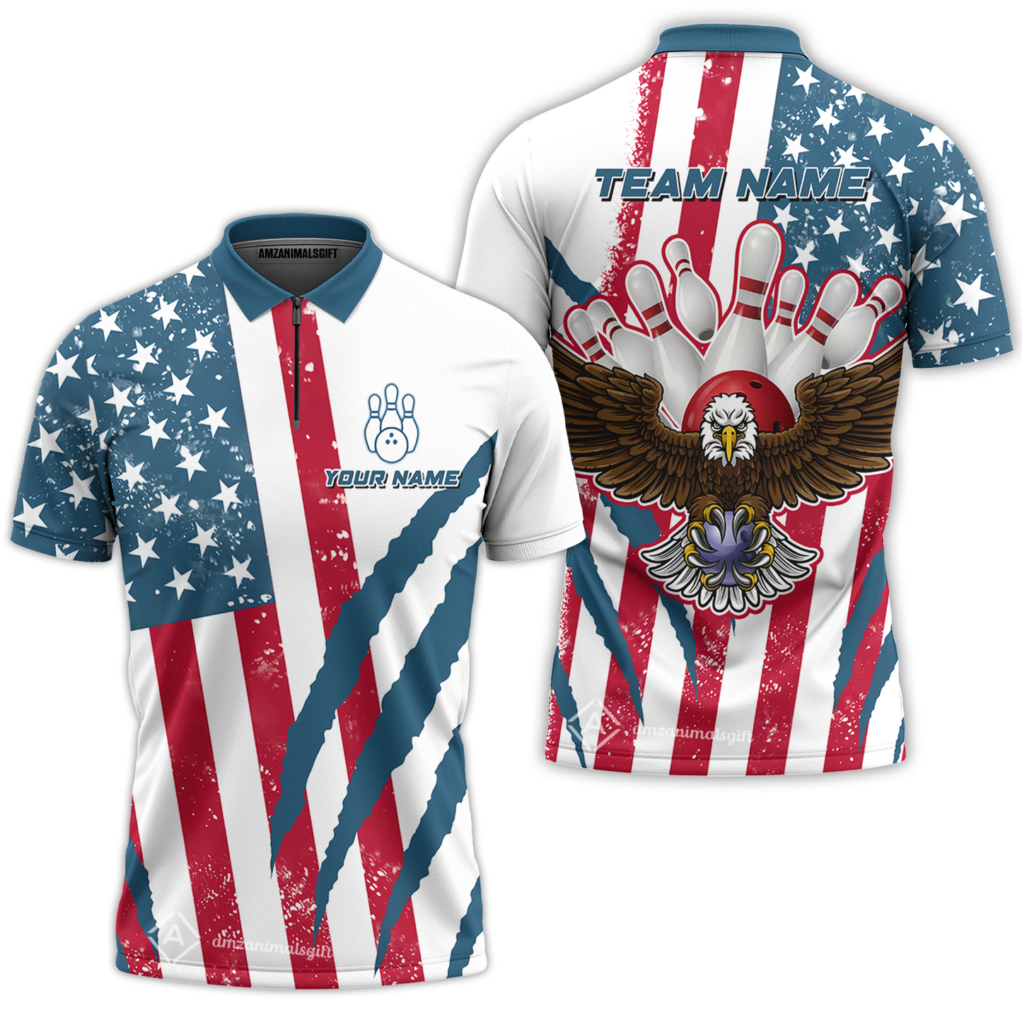 Customized Patriotic Bowling Quarter-Zip Polo Shirt, American Flag & Eagle Claw-mark Zip Polo Shirt, Perfect For Bowling Team