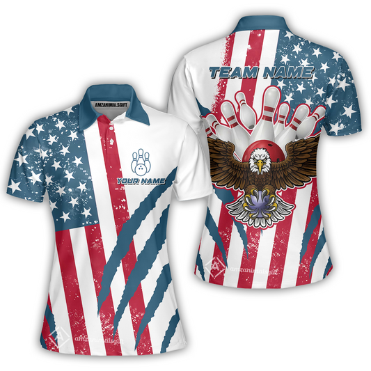Customized Patriotic Bowling Women Polo Shirt, American Flag & Eagle Claw-mark Women Polo Shirt, Perfect For Bowling Team