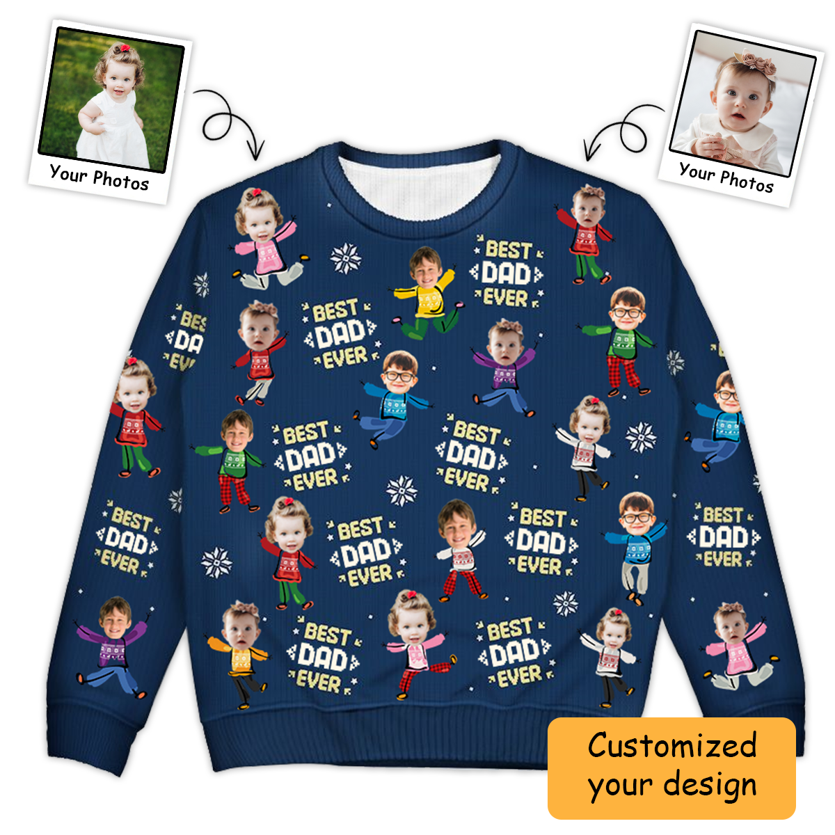 Customized Photo Best Dad Ever Funny Kids Face Christmas - Personalized Unisex Ugly Sweater