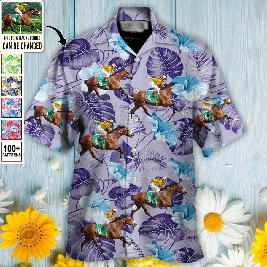 Customized Photo Horse Hawaiian Shirts For Summer - Horse Racing Tropical Summer Custom Photo, Horse Race, Kentucky Derby, Melbourne Horse Race - Perfect Gift For Men, Horse Racing Lovers - Amzanimalsgift