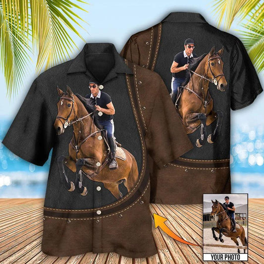 Customized Photo Horse Hawaiian Shirts For Summer - Horse Riding Leather Style Custom Photo Hawaiian Shirt - Perfect Gift For Men, Horse Racing Lovers - Amzanimalsgift