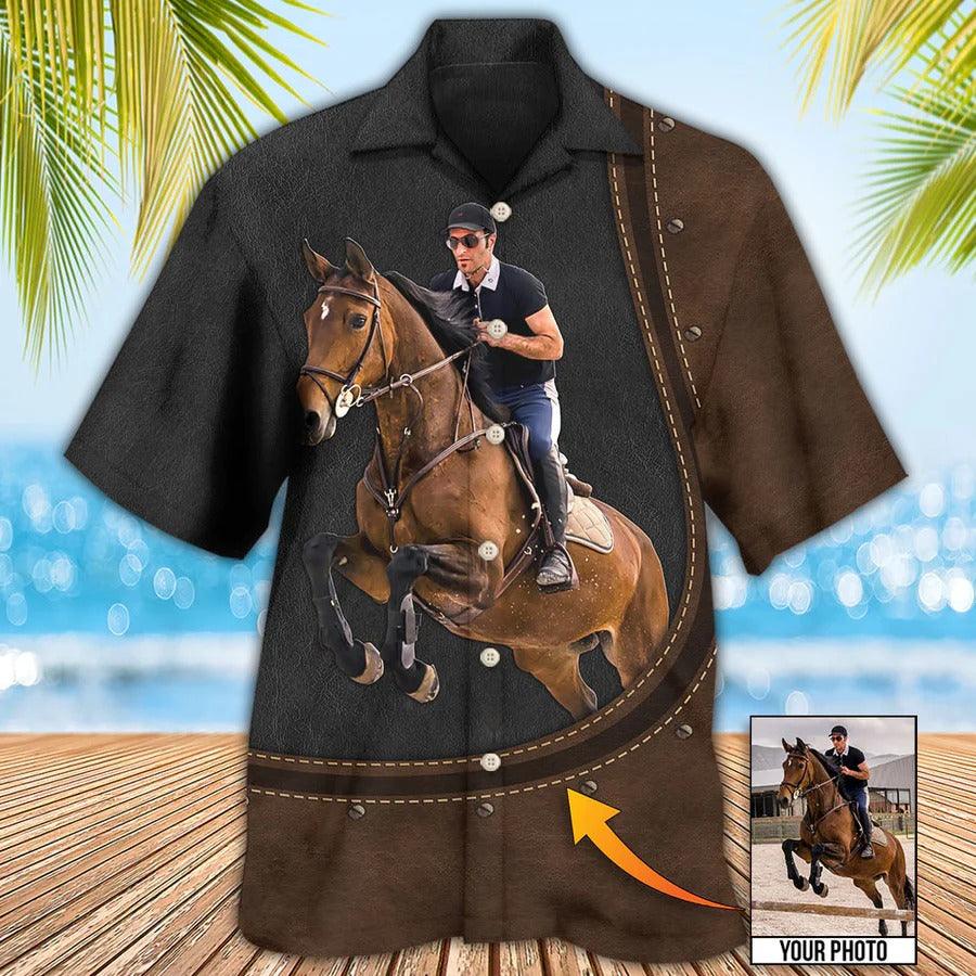 Customized Photo Horse Hawaiian Shirts For Summer - Horse Riding Leather Style Custom Photo Hawaiian Shirt - Perfect Gift For Men, Horse Racing Lovers - Amzanimalsgift
