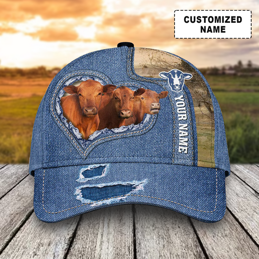 Customized Red Angus Cow Caps, Angus Cattle And Denim Pattern Hats, Best Dairy Farm Hat For Men Women Farmer