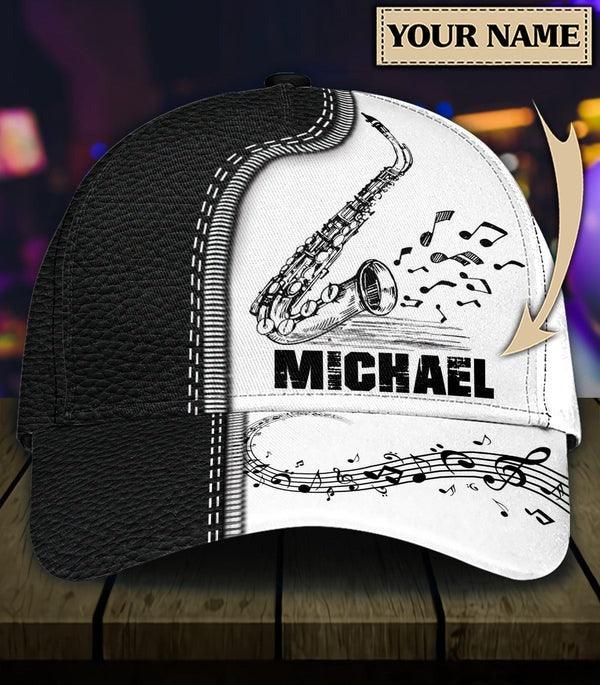 Customized Saxophone Classic Cap, Saxophone In Leather Pattern, Personalized Name Classic Cap For Men - Perfect Gift For Saxophone Lovers, Music Lovers - Amzanimalsgift