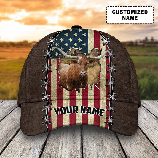 Customized Texas Longhorn Caps Hat, Texas Longhorn And American Flag Hats, Farm Hat For Men Women Independence Day July 4th