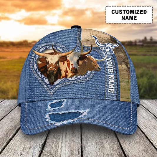 Customized Texas Longhorn Cattle Cow Caps, Texas Longhorn And Denim Pattern Hats, Best Farm Hat For Men Women Farmer