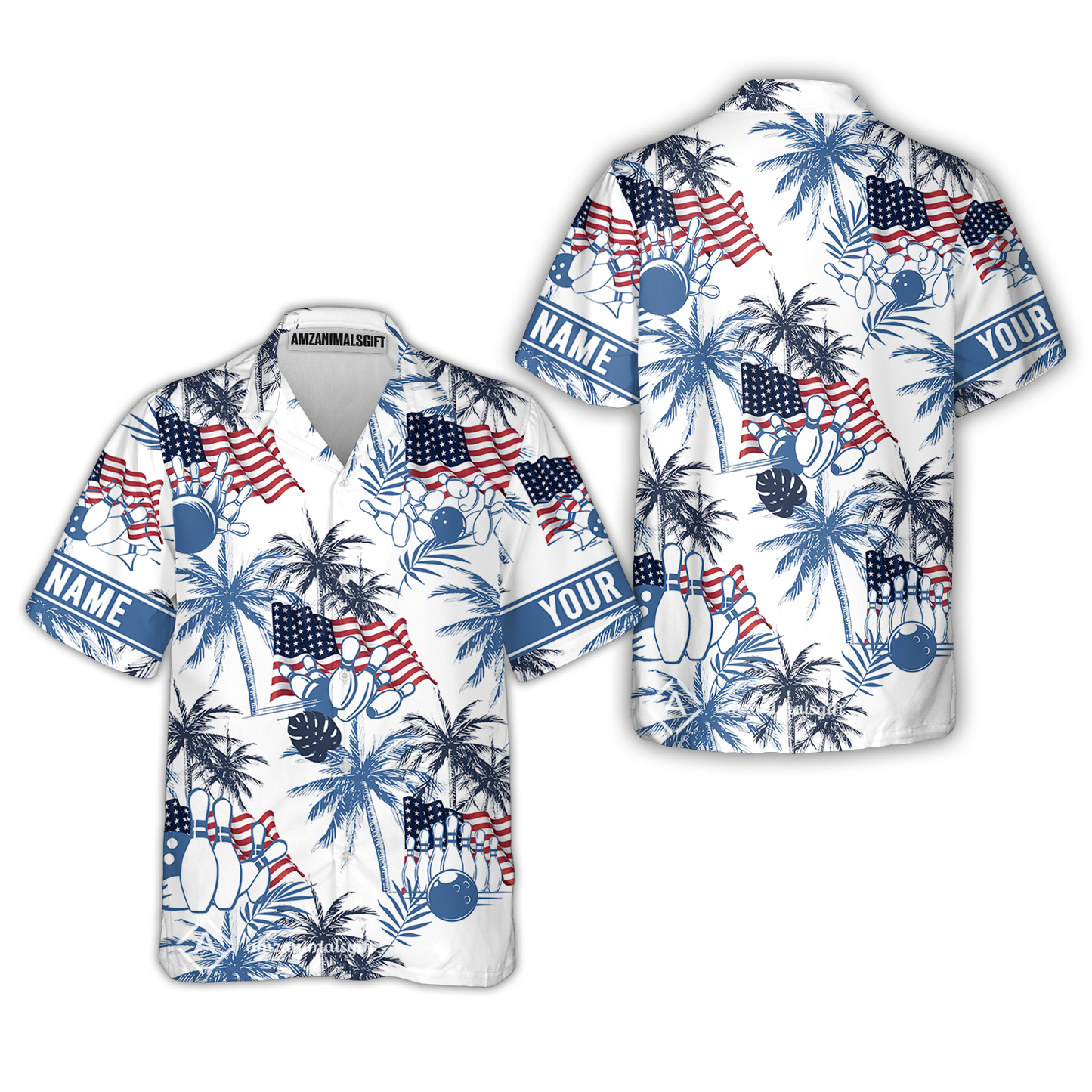 Customized Tropical American-style Bowling Button Up Shirt With Palm Trees, Flags, Perfect Hawaiian Shirt For Summer Bowling Vibes