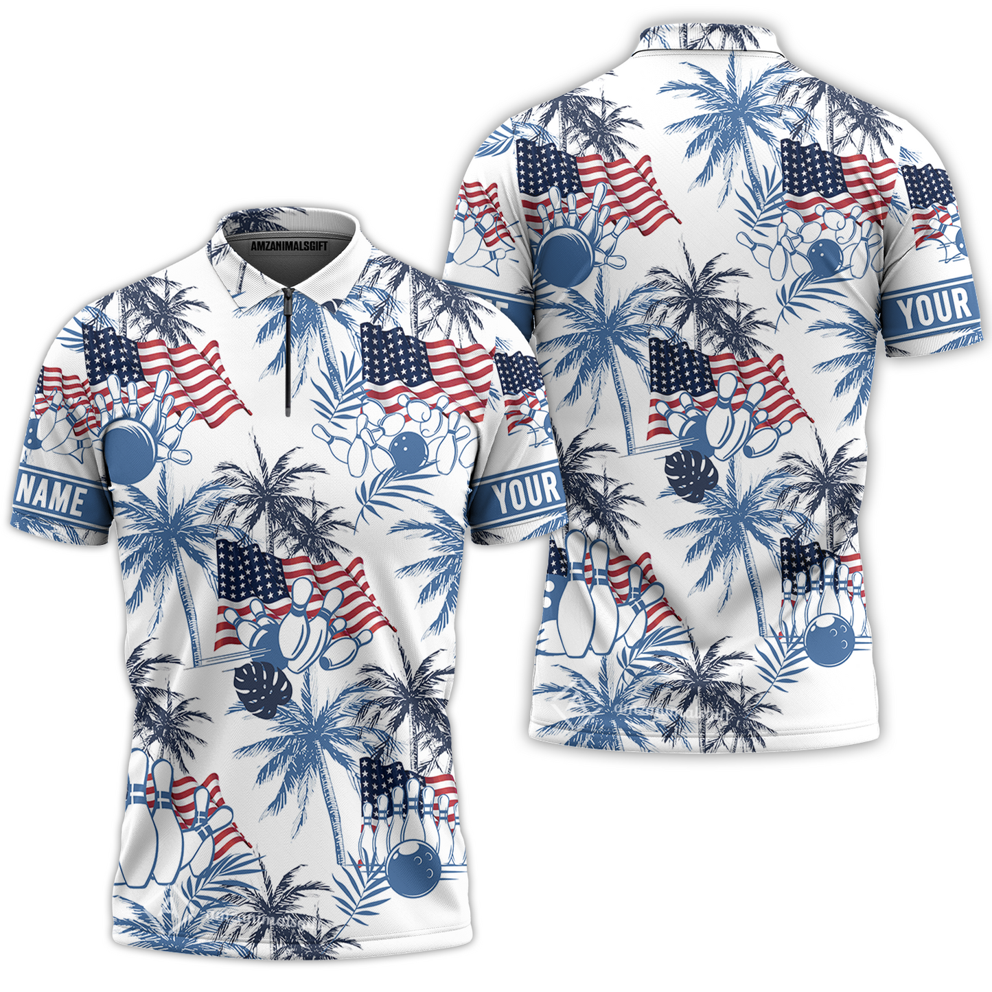 Customized Tropical American-style Bowling Quarter-Zip Polo Shirt With Palm Trees, Flags – Perfect For Summer Bowling Vibes