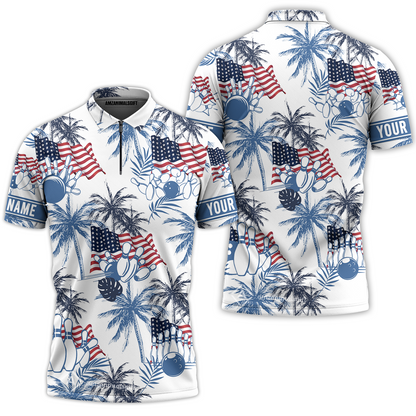 Customized Tropical American-style Bowling Quarter-Zip Polo Shirt With Palm Trees, Flags – Perfect For Summer Bowling Vibes