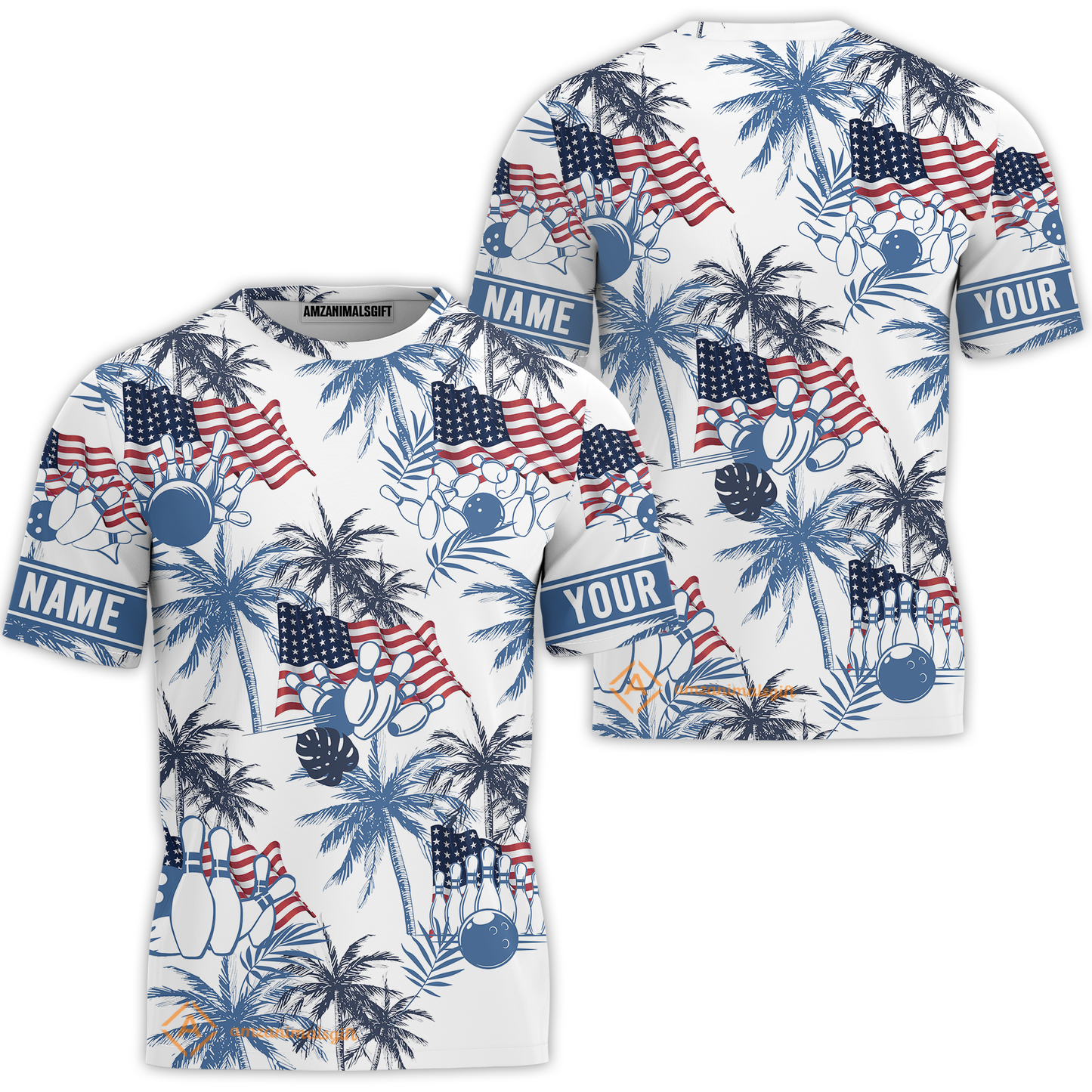 Customized Tropical American-style Bowling T-Shirt With Palm Trees, Flags - Perfect For Summer Bowling Vibes