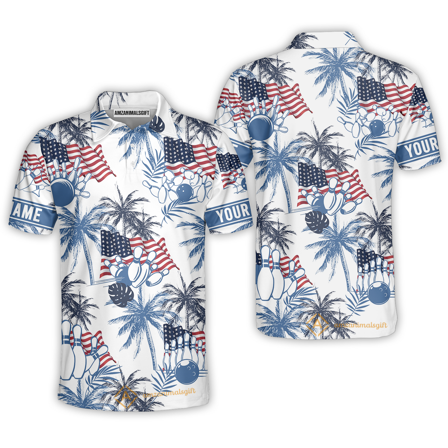 Customized Tropical American-style Bowling Unisex Polo Shirt With Palm Trees, Flags – Perfect For Summer Bowling Vibes
