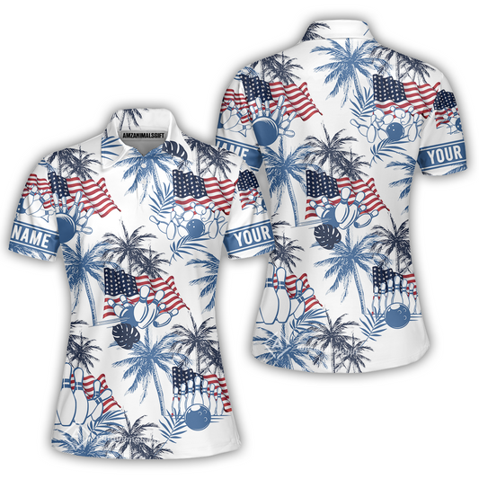 Customized Tropical American-style Bowling Women Polo Shirt With Palm Trees, Flags – Perfect For Summer Bowling Vibes