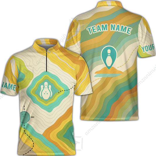 Customized Vintage Bowling Jersey, Topographic Map Trail Style Quarter-Zip Stand Collar Shirt For Bowling Team, Bowlers