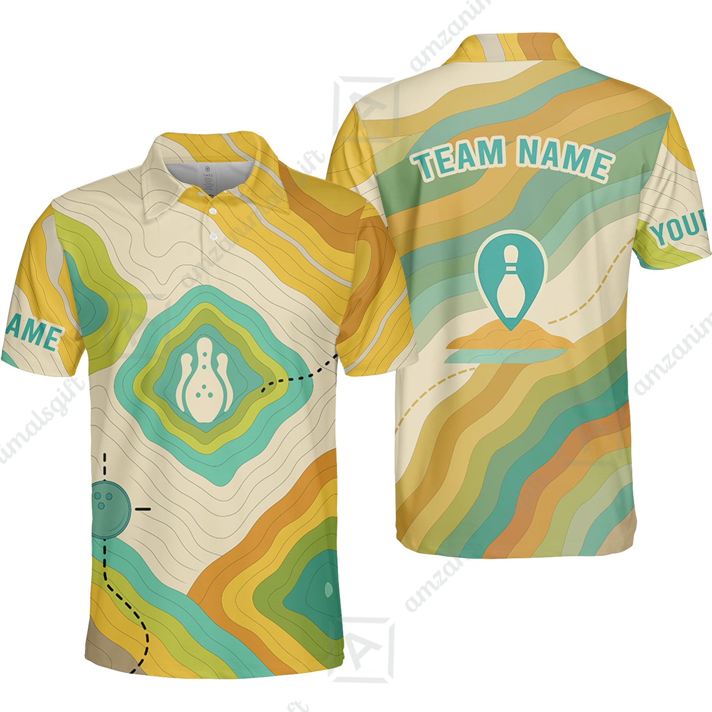 Customized Vintage Bowling Polo Shirt, Topographic Map Trail Style Polo Shirt For Bowling Team, Bowlers
