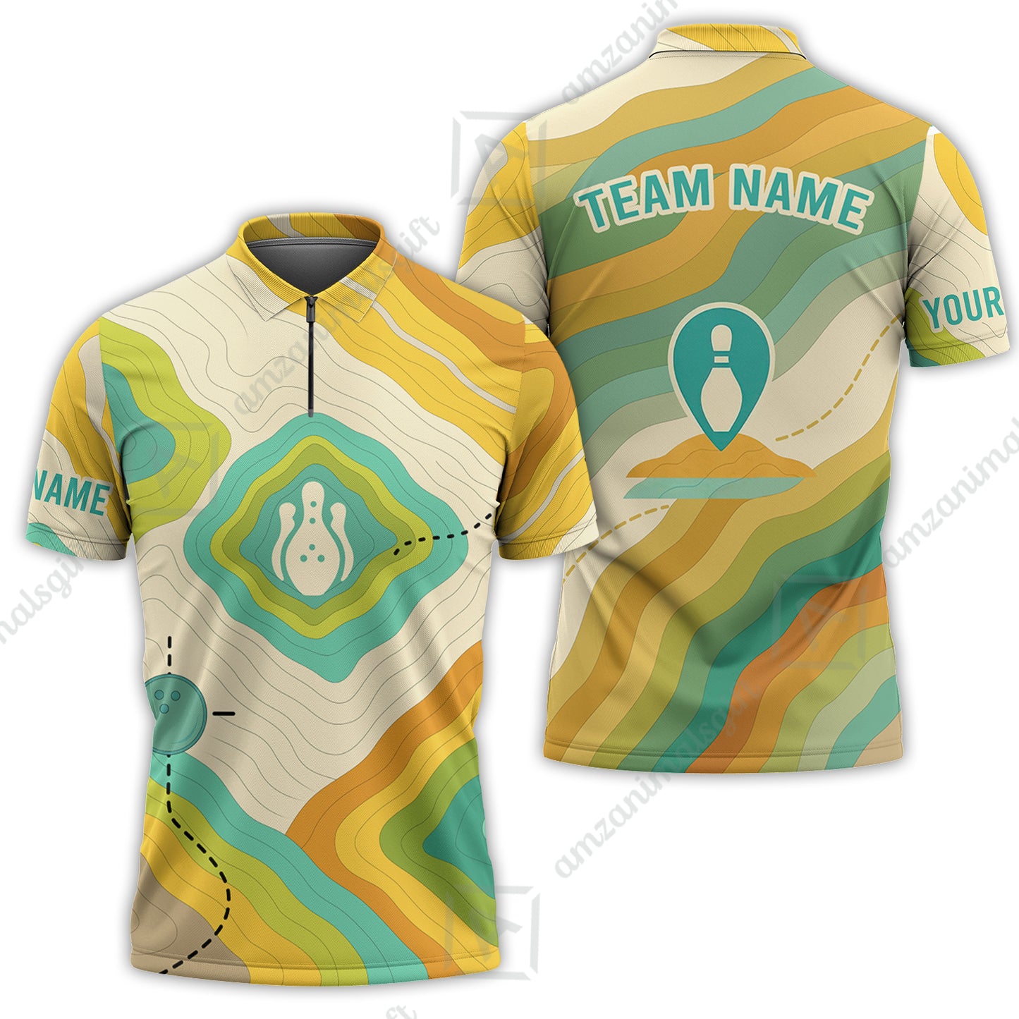 Customized Vintage Bowling Quarter-Zip Polo Shirt, Topographic Map Trail Style Zip Polo Shirt For Bowling Team, Bowlers