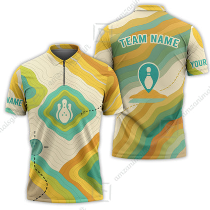 Customized Vintage Bowling Quarter-Zip Polo Shirt, Topographic Map Trail Style Zip Polo Shirt For Bowling Team, Bowlers