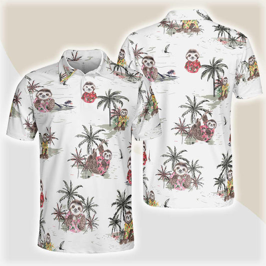 Cute Sloth With Tropical Plants Polo Shirt, White Tropical Sloth Shirt For Men And Women, Sloth Summer Shirt Design - Amzanimalsgift