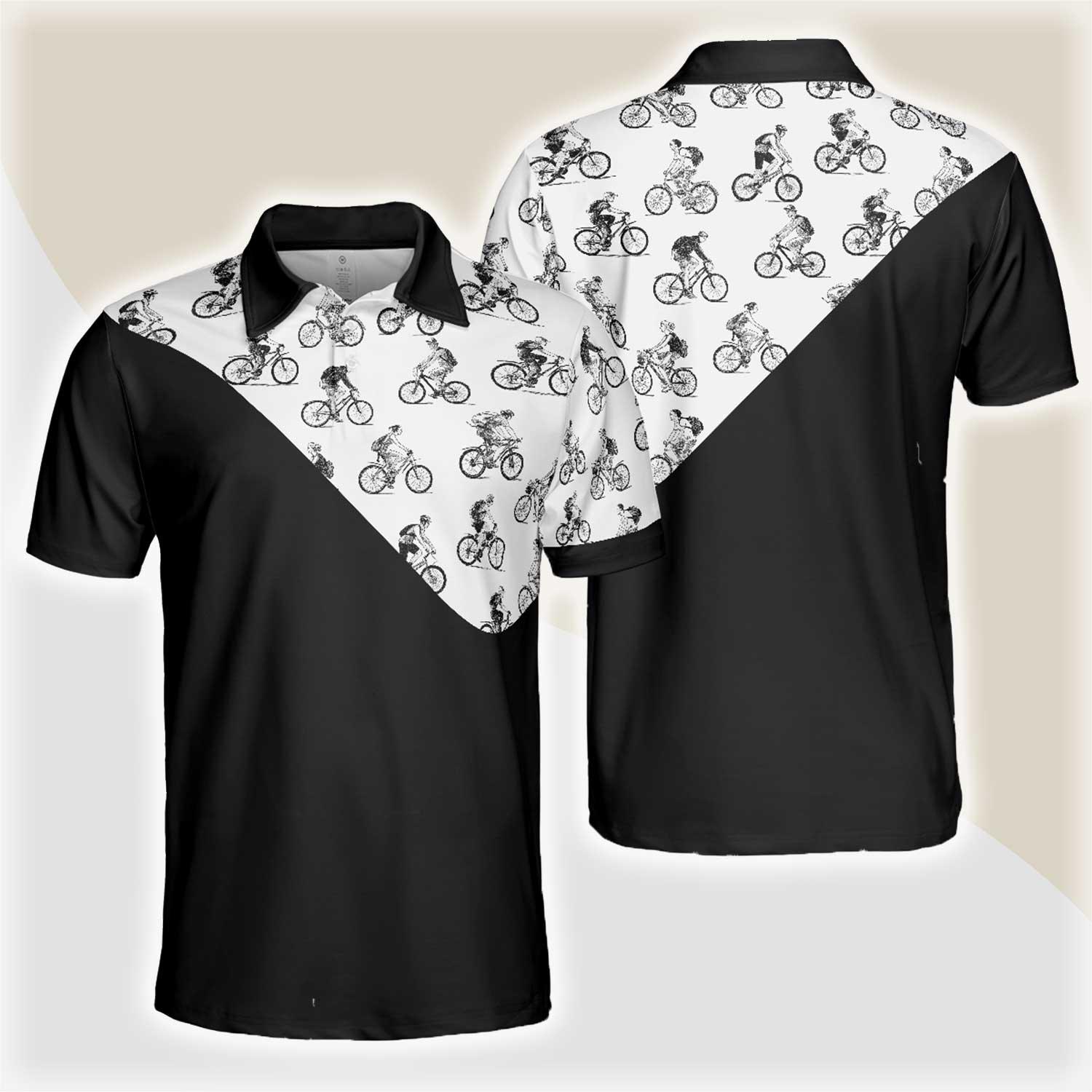 Cyclists Sketch Pattern Polo Shirt, Black And White Cycling Pattern Polo Shirt, Sporty Shirt For Cyclists - Amzanimalsgift