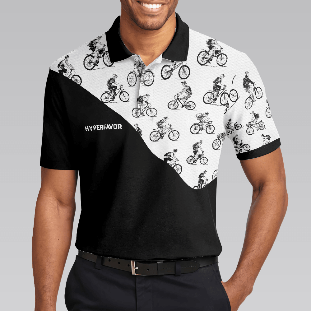 Cyclists Sketch Pattern Polo Shirt, Black And White Cycling Pattern Polo Shirt, Sporty Shirt For Cyclists - Amzanimalsgift