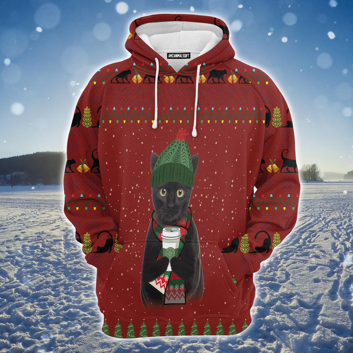 Black Cat Premium Christmas Hoodie, Cat Drink Coffee Unisex Hoodie For Men & Women - Perfect Gift For Christmas, Black Cat Lovers, Coffee Lovers