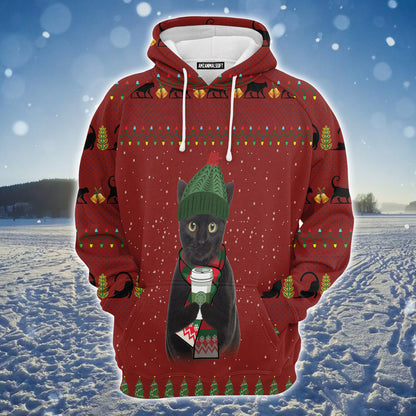 Black Cat Premium Christmas Hoodie, Cat Drink Coffee Unisex Hoodie For Men & Women - Perfect Gift For Christmas, Black Cat Lovers, Coffee Lovers