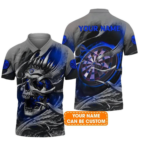 Customized Name Darts Men Polo Shirt, Blue Skull Dartboard Personalized Skull And Darts Polo Shirt - Gift For Darts Players Uniforms, Darts Lovers