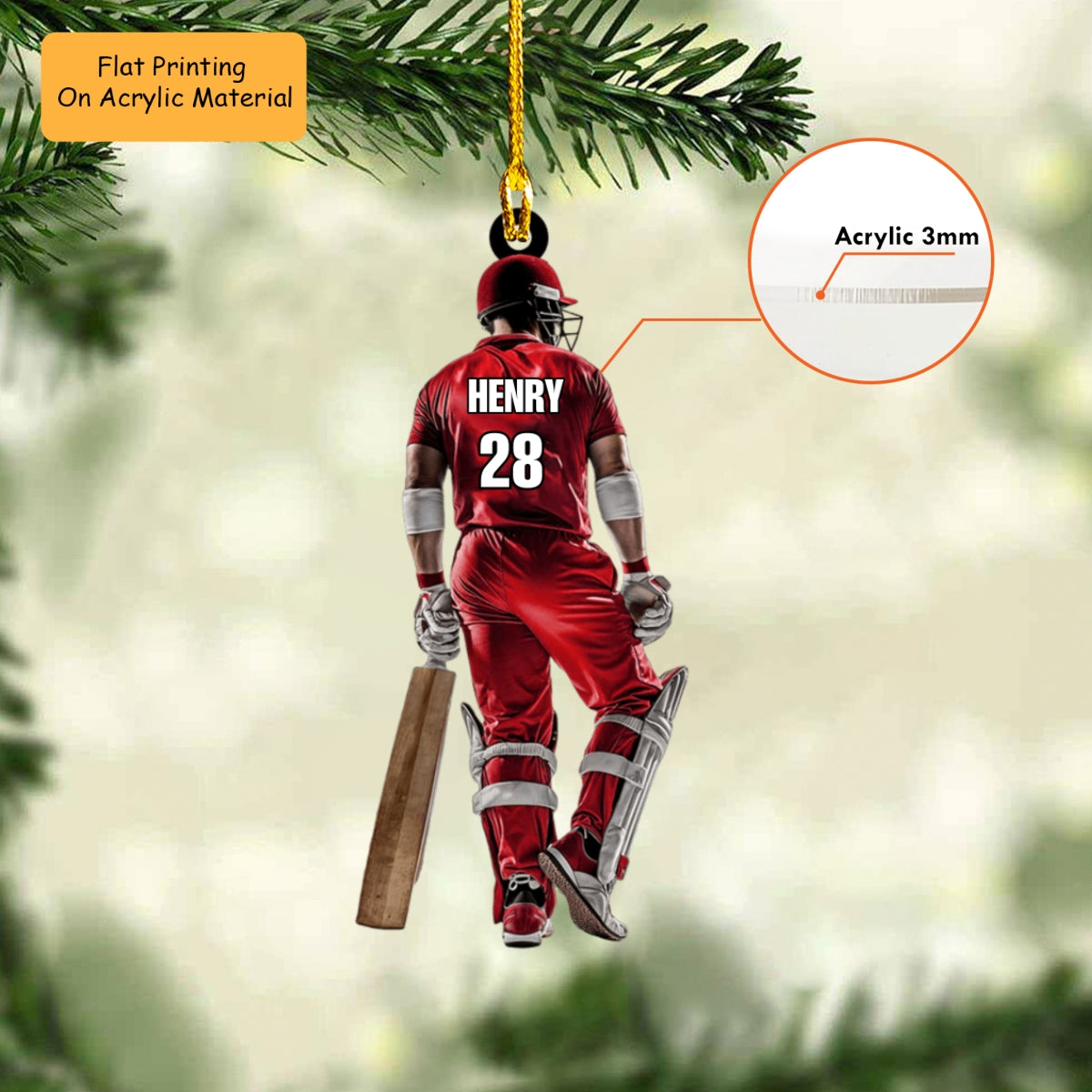 Personalized Cricket Man Player Back View Flat Acrylic Ornament, Meaningful Ornament Gifts For Cricket Player, Son, Grandson