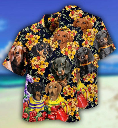Dachshund Aloha Hawaii Shirt - Dachshund And Flowers Black Style Hawaiian Shirt For Summer - Perfect Gift For Dog Lovers, Friend, Family - Amzanimalsgift