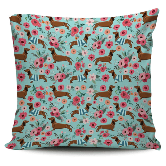 Dachshund and Flower Throw Pillow, Dog Throw Pillows - Perfect Gift For Mother's Day, Father's Day, Dachshund Lover, Dog Mom, Dog Dad - Amzanimalsgift