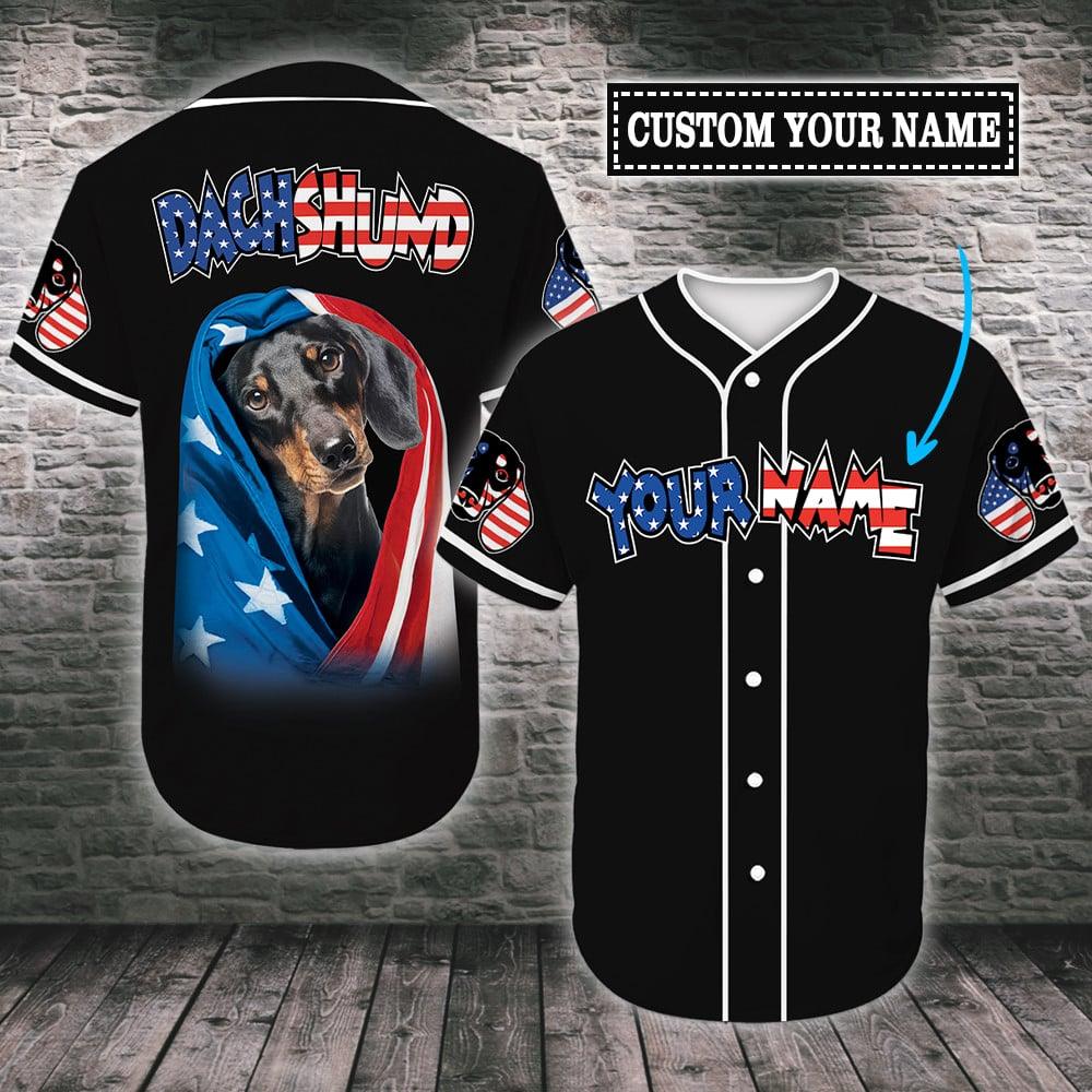 Dachshund Custom Name Baseball Jersey, Personalized Dachshund American Flag Baseball Tee Jersey Shirt Men Women, Gift For Dog Lovers, Dad Mom Dog - Amzanimalsgift