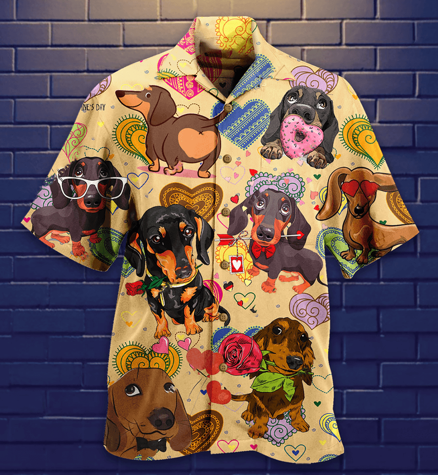 Dachshund Hawaiian Shirt, Dogs Love Heart Aloha Hawaiian Shirt For Summer, Colorful Dog Hawaiian Shirt, Gift For Men Women, Dog Lover, Friends - Amzanimalsgift